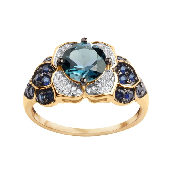 Zdjęcie Złoty pierścionek Intenso z topazem London Blue, diamentami i szafirami